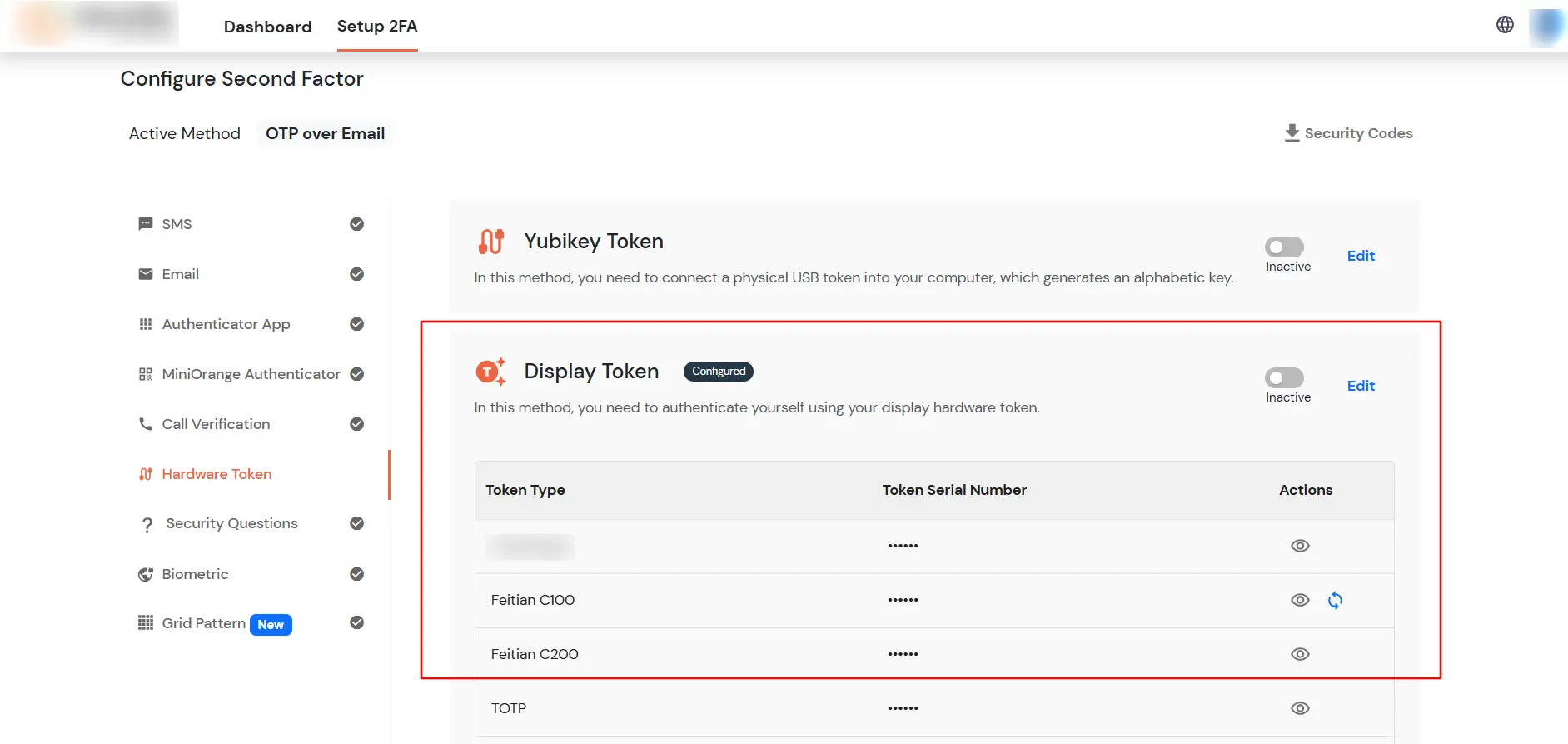 Display Token option on the Setup 2FA page showing assigned tokens for users