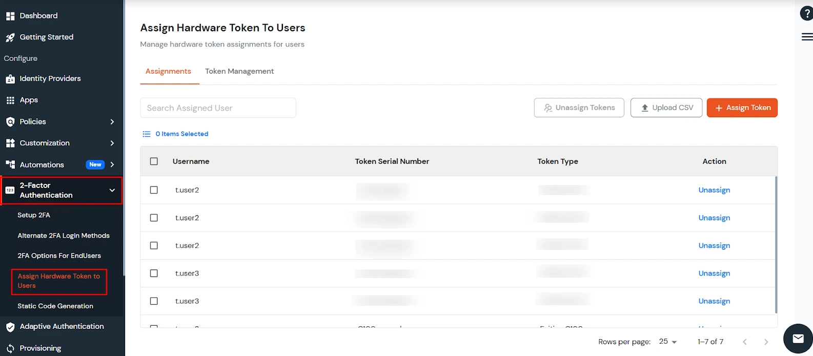 Navigate to Assign Hardware Token to Users under 2-Factor Authentication