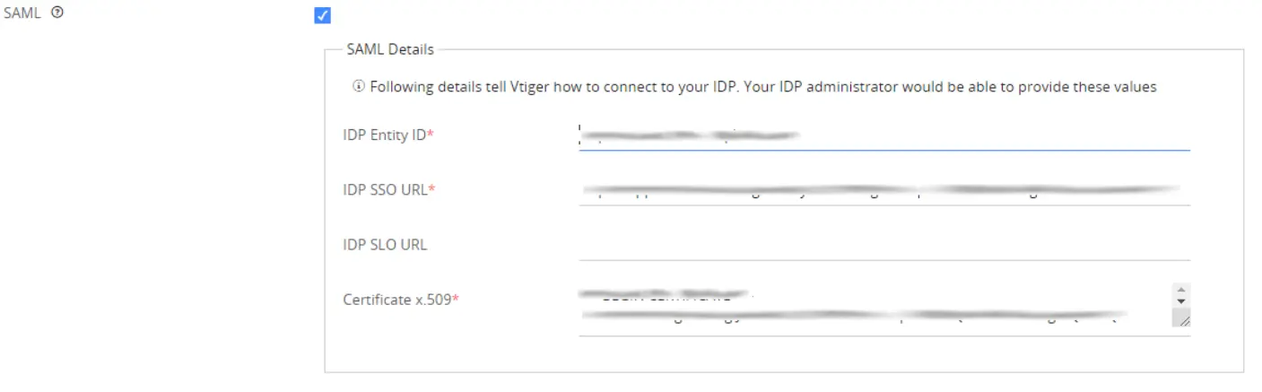 Vtiger Single Sign-On (SSO) Select Metadata details external IDP or miniOrange as IDP