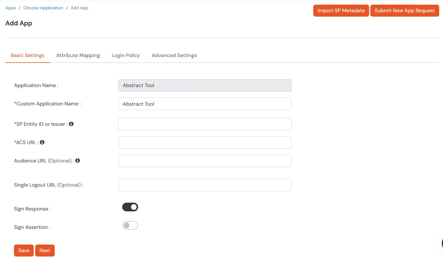Abstract Tool Single Sign-On (sso): Enter the following details