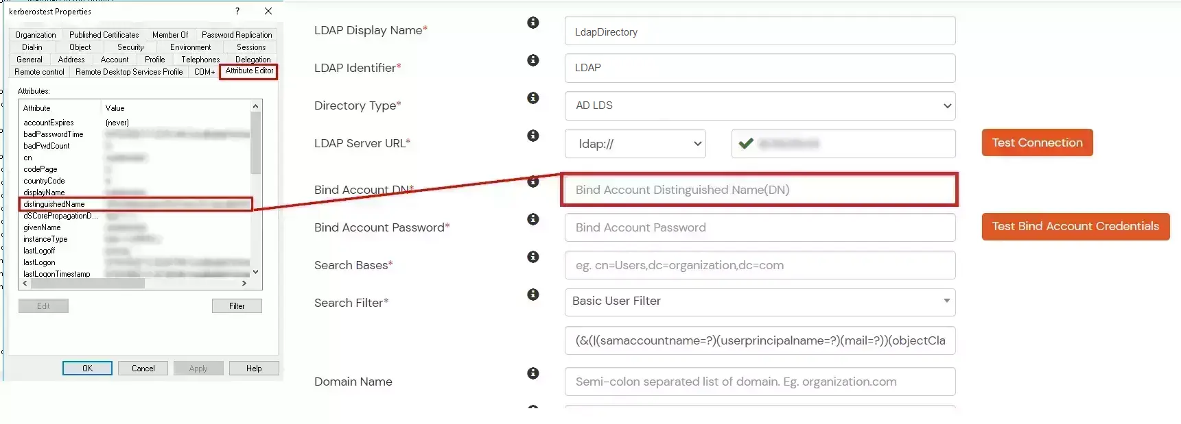 Configure user bind account domain name