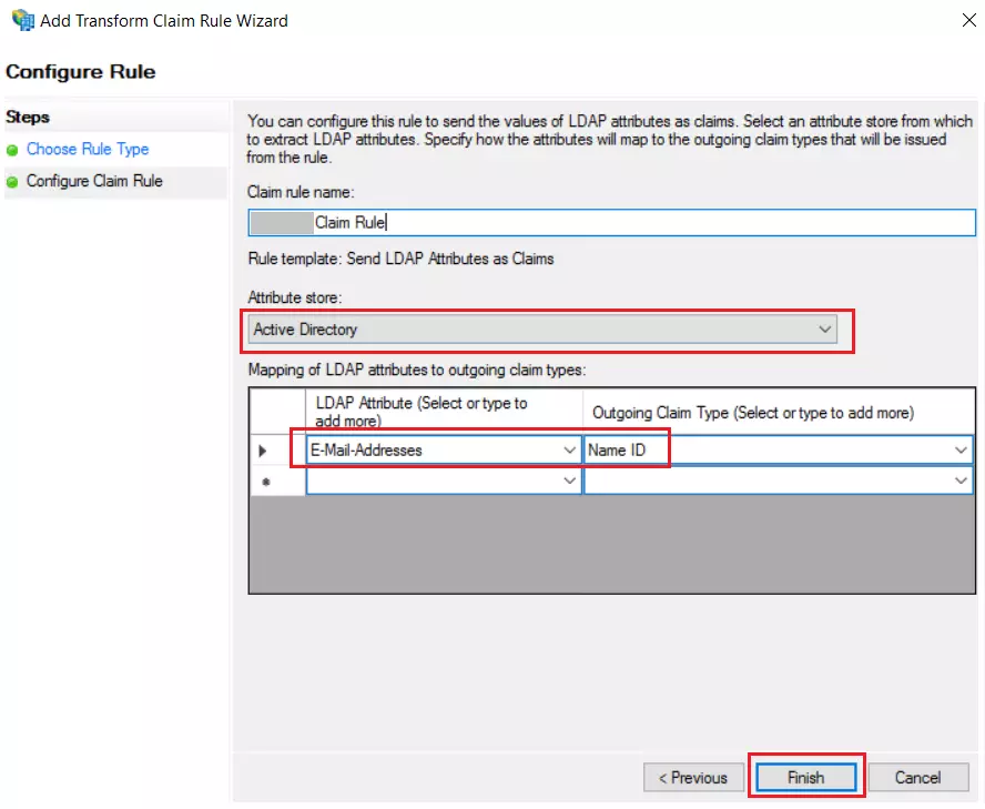 Submit Claim rule name, attribute store and Claim type