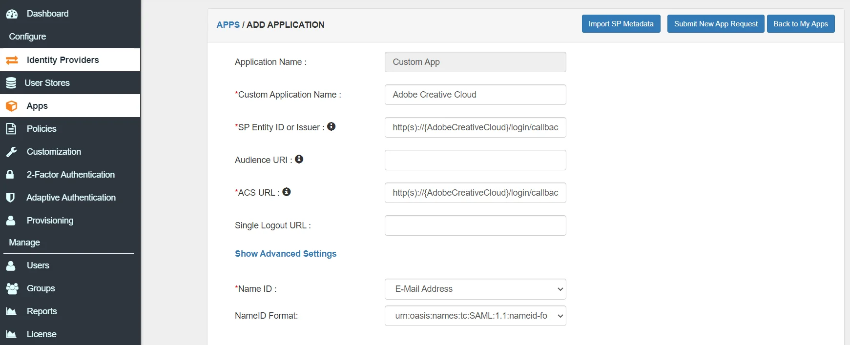 Adobe Creative Cloud two-factor authentication (2FA) : select custom app