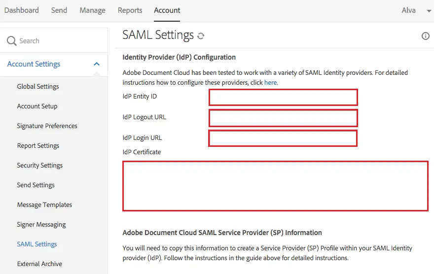 Configure Adobe Sign Single Sign-On (SSO): SAML Settings