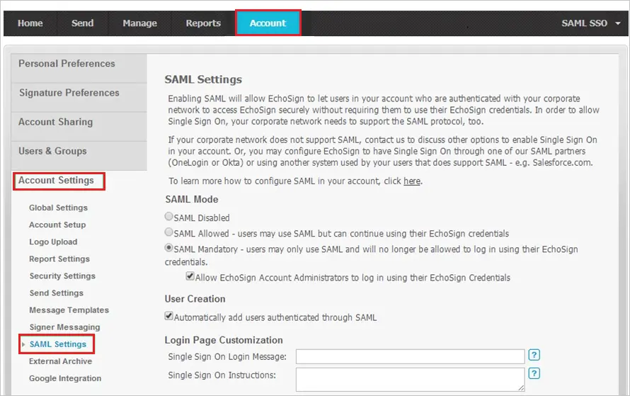 Configure Adobe Sign Single Sign-On (SSO): SAML Settings