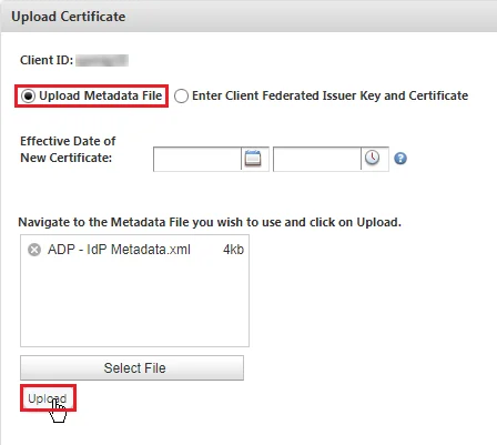 Configure ADP Single Sign-On (SSO): Upload Metadata file