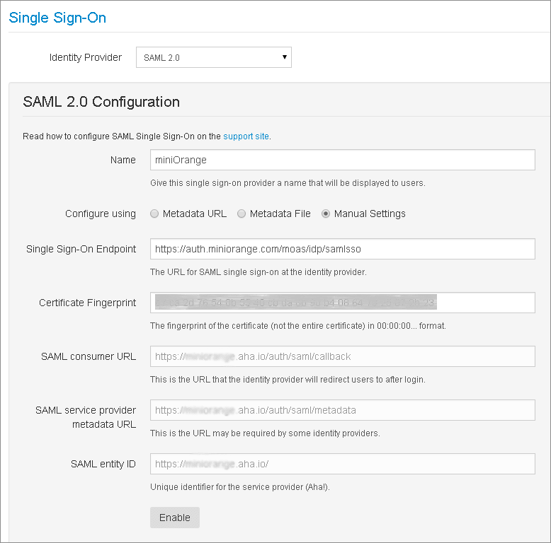 Aha Single Sign On (sso) select saml in the identity provider