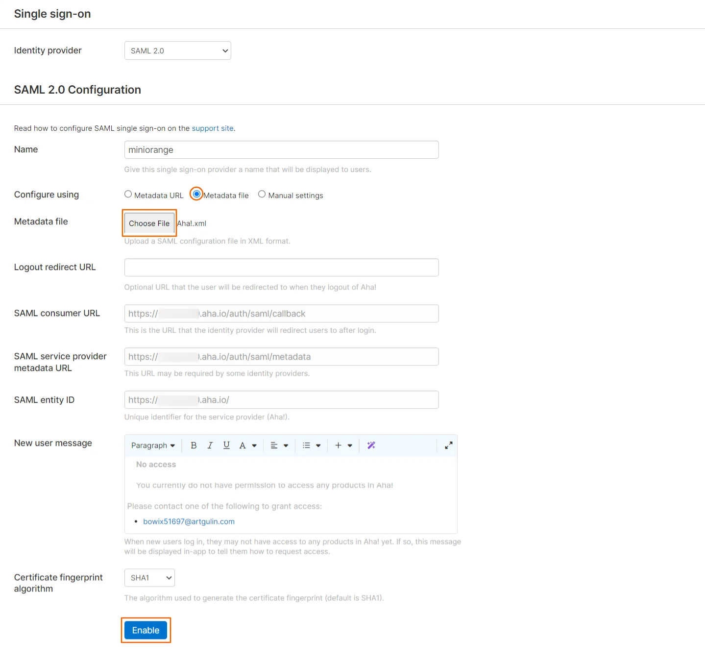 Aha Single Sign On (sso) provide the metadata
