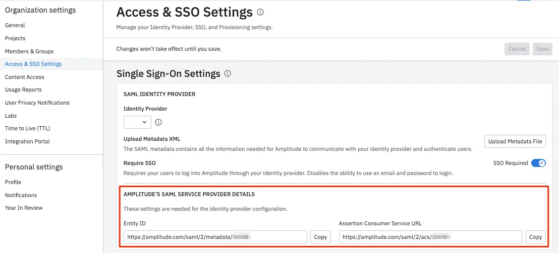 Amplitude SAML SSO Entity ID and ASC URL
