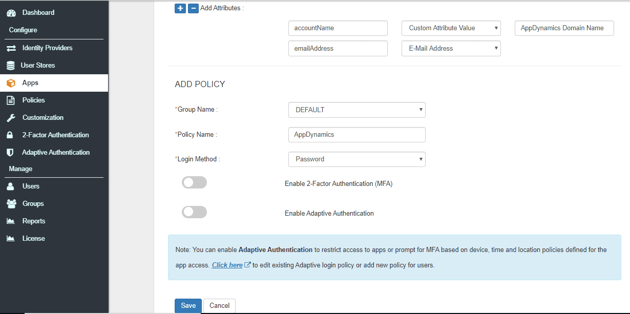 AppDynamics Single Sign On (sso) add policy