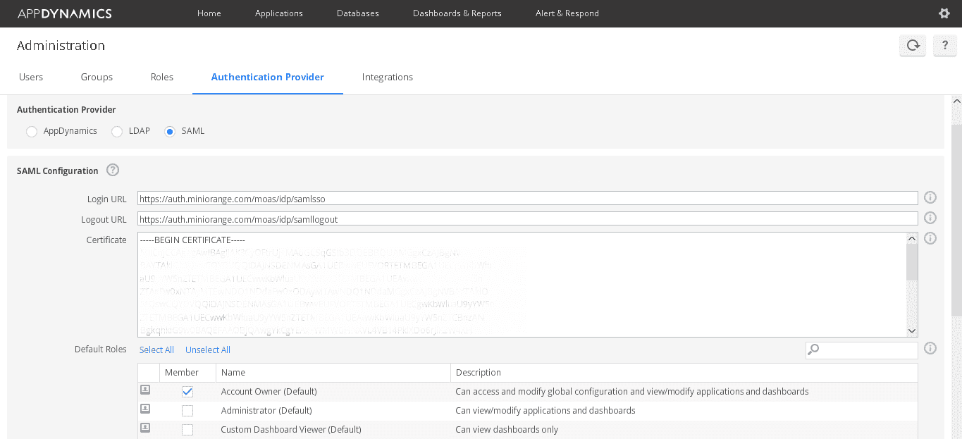 AppDynamics Single Sign On (sso) configurations details