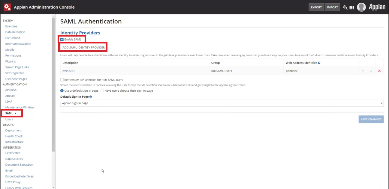 Appian Single Sign On (sso) admin console set sso idp