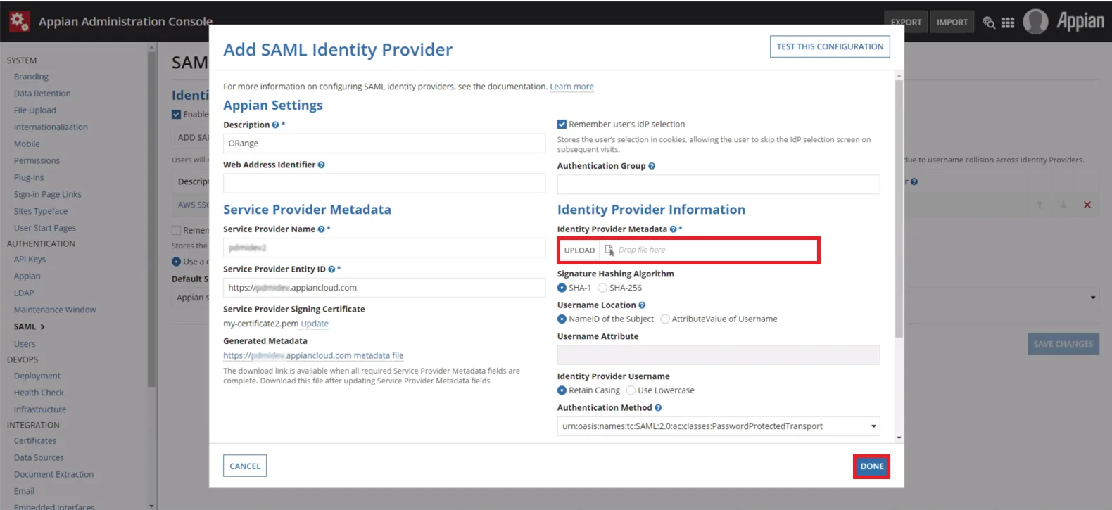 Appian Single Sign On (sso) admin console set sso idp