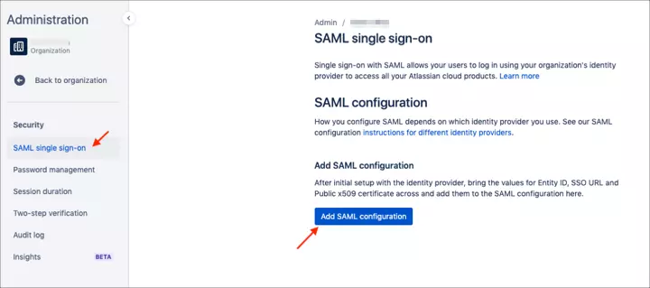 Atlassian Bitbucket Cloud SSO(Single Sign-On), select saml configuration