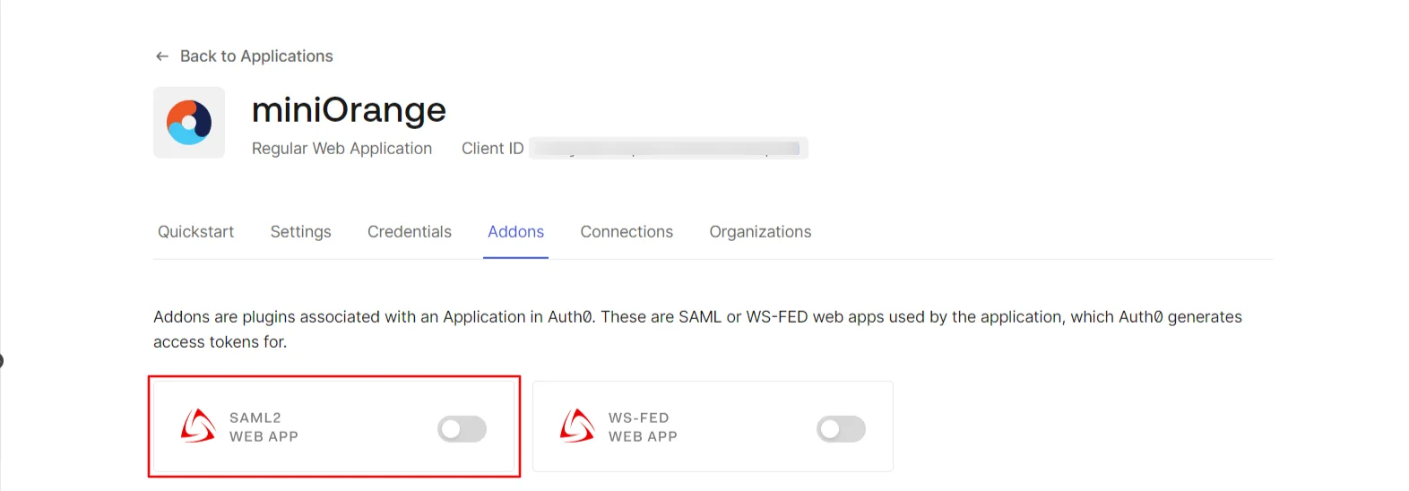 Auth0 Single Sign-On Addons and enable SAML 2.0 web app