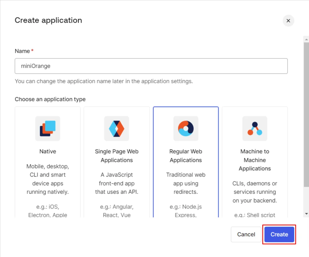 Auth0 Single Sign-On Enter application name and select Regular Web Applications