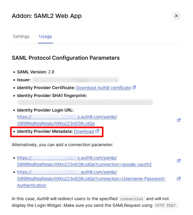 Auth0 SAML IDP : Switch to Usage tab and download Identity Provider Metadata