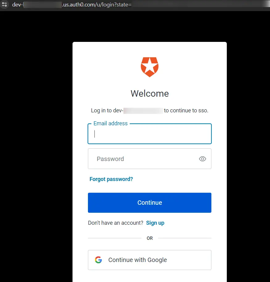 Auth0 Single Sign-On (SSO) login screen