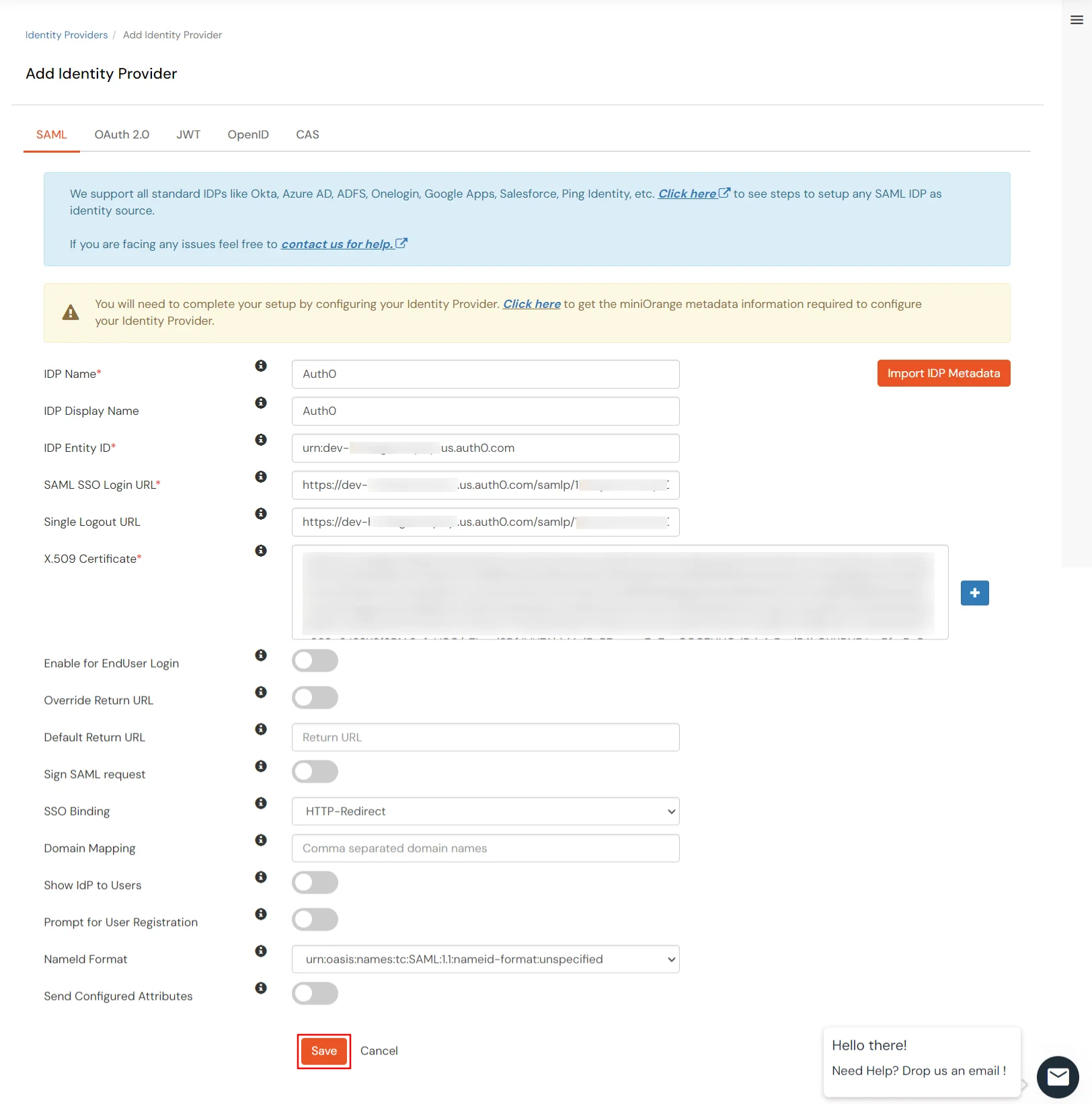 Configuring Auth0 as IdP : SAML SSO Login URL and x.509 Certificate