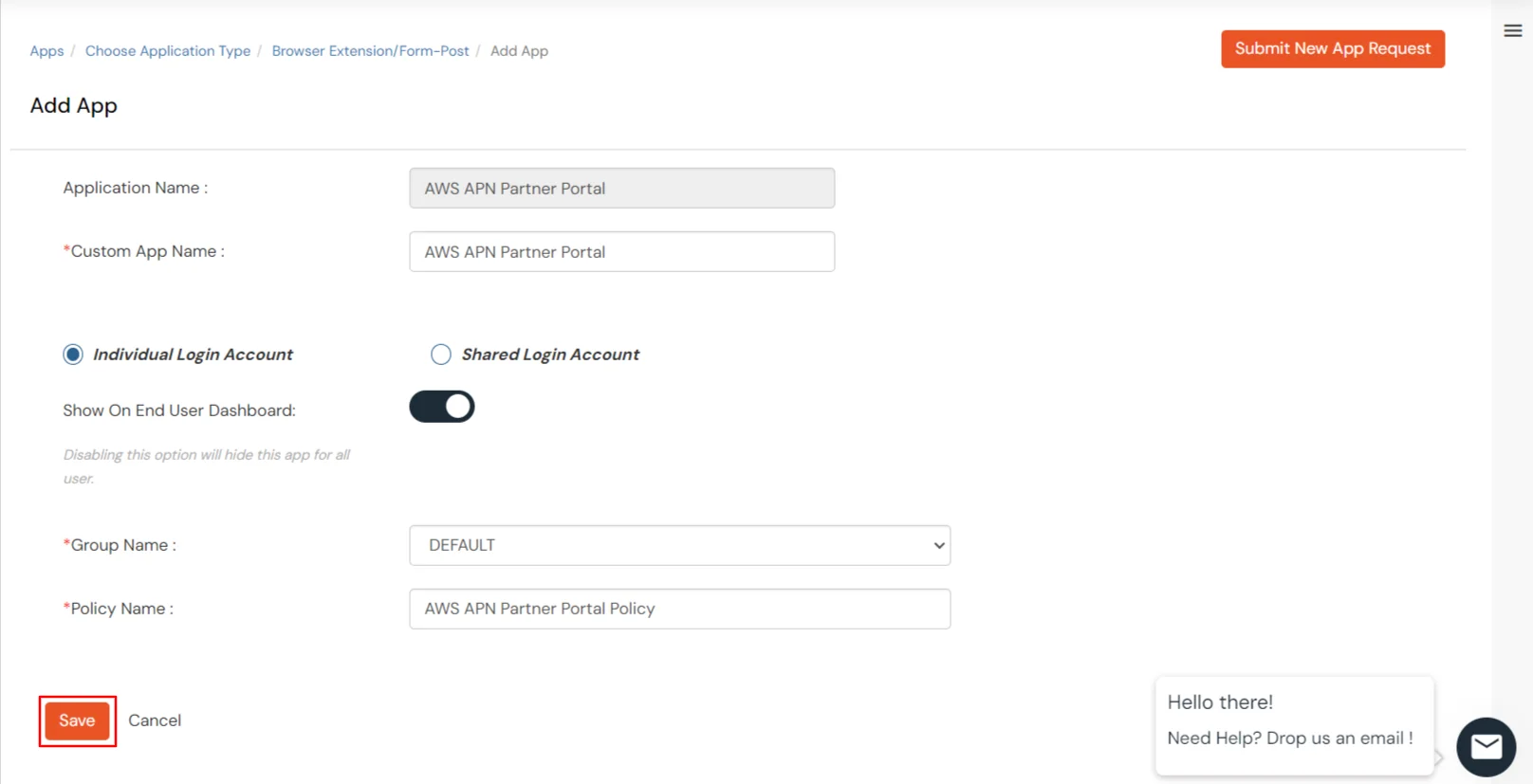 AWS APN  Single Sign-On (SSO) application name