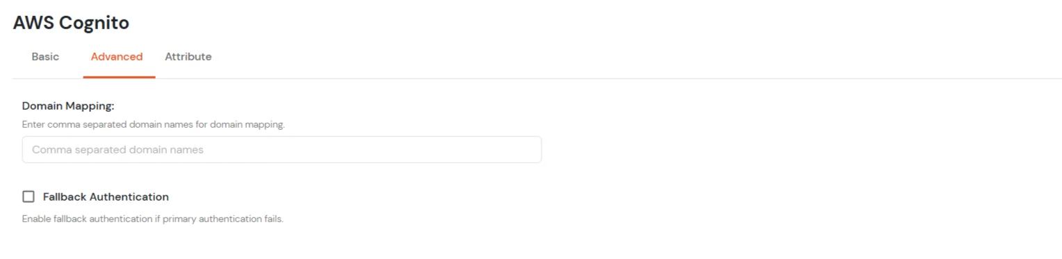 AWS Cognito userstore Advanced settings Domain Mapping Fallback Authentication