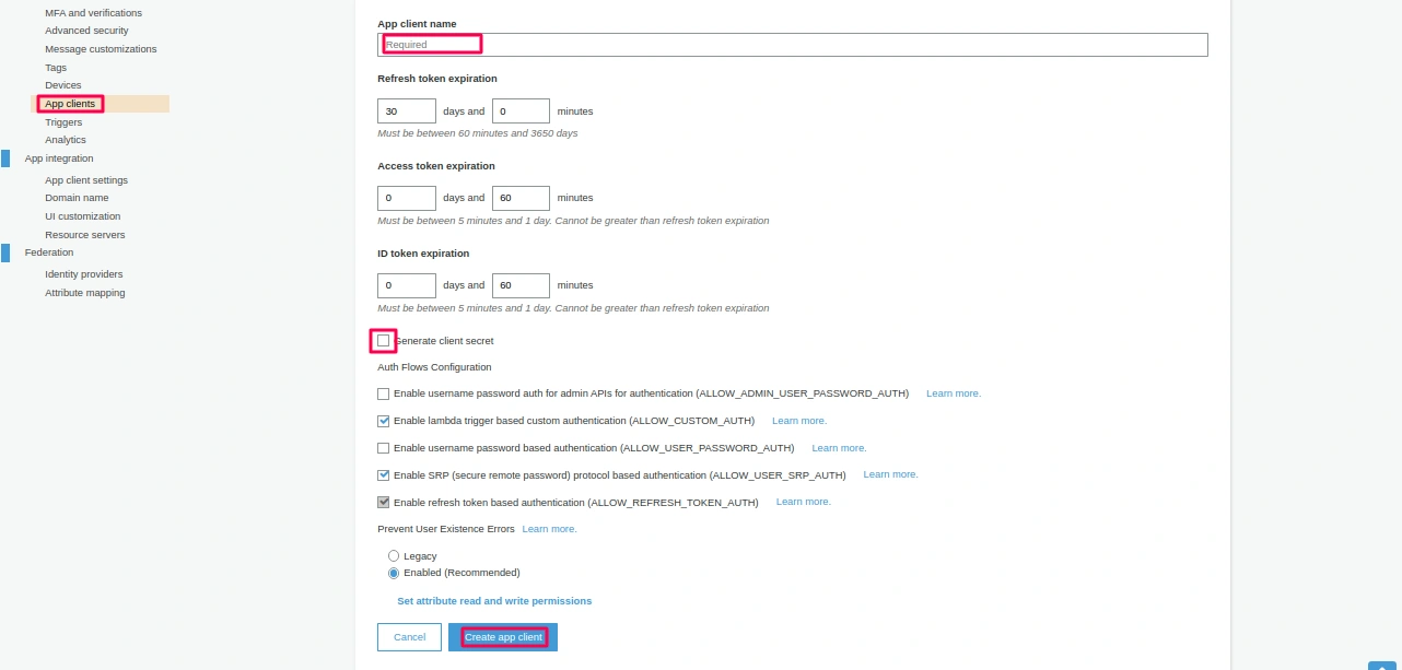 general settings aws cognito as sp