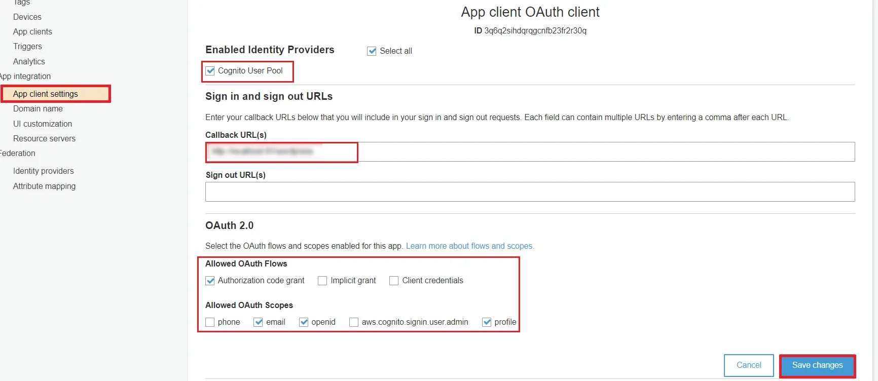 OAuth/OpenID/OIDC Single Sign On - AWS Cognito App Client save
