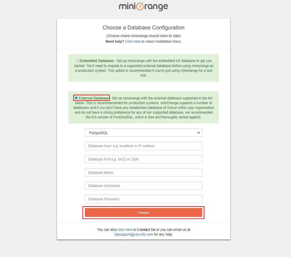 miniorange onpremise AWS database configuration