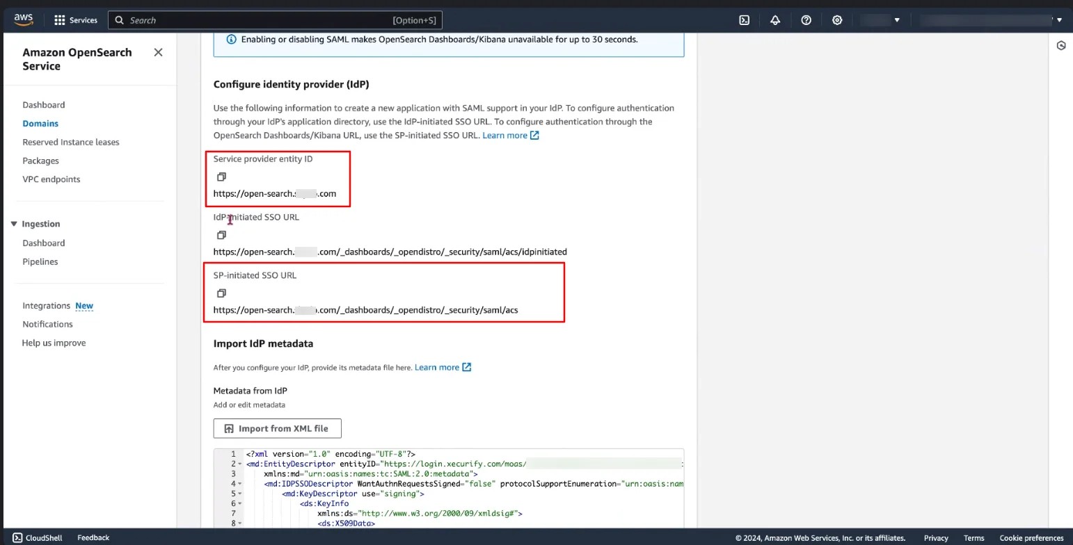 AWS OpenSearch Single Sign-On Service provider entity ID