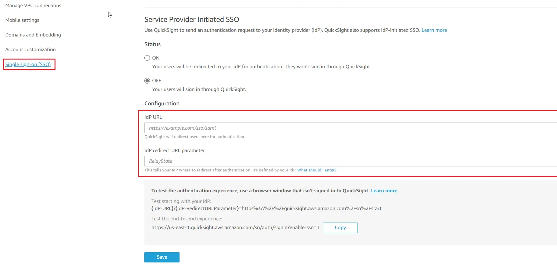 Amazon Quicksight SSO (AWS) settings