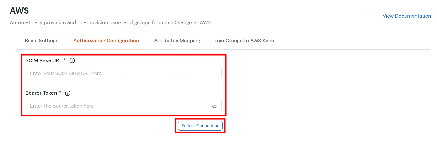 AWS Provisioning : Enter SCIM Base URL and Bearer Token