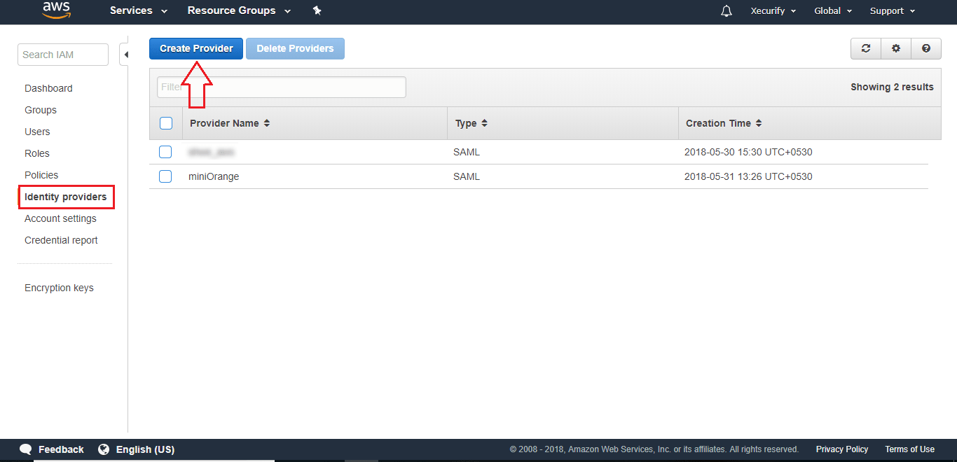 Amazon Web Services (AWS) IAM SSO click on create provider