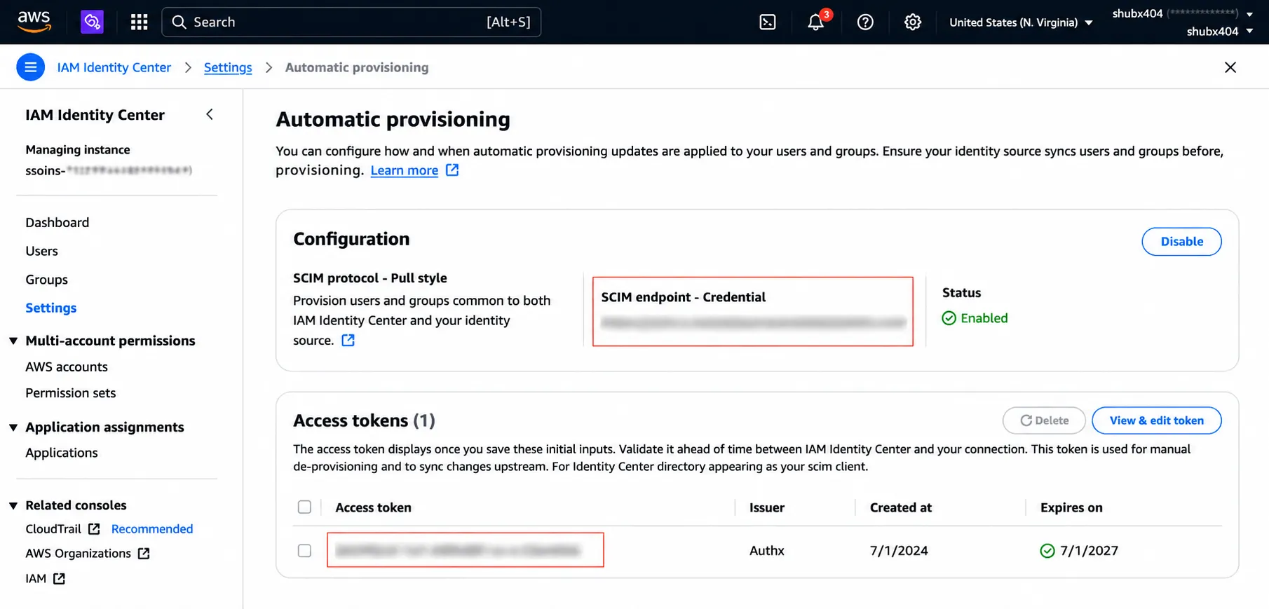 AWS SCIM endpoint & Access token