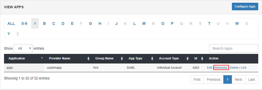 Amazon Web Services (AWS) IAM SSO click metadata link