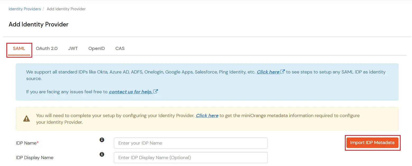 Select SAML to configure Azure IDP