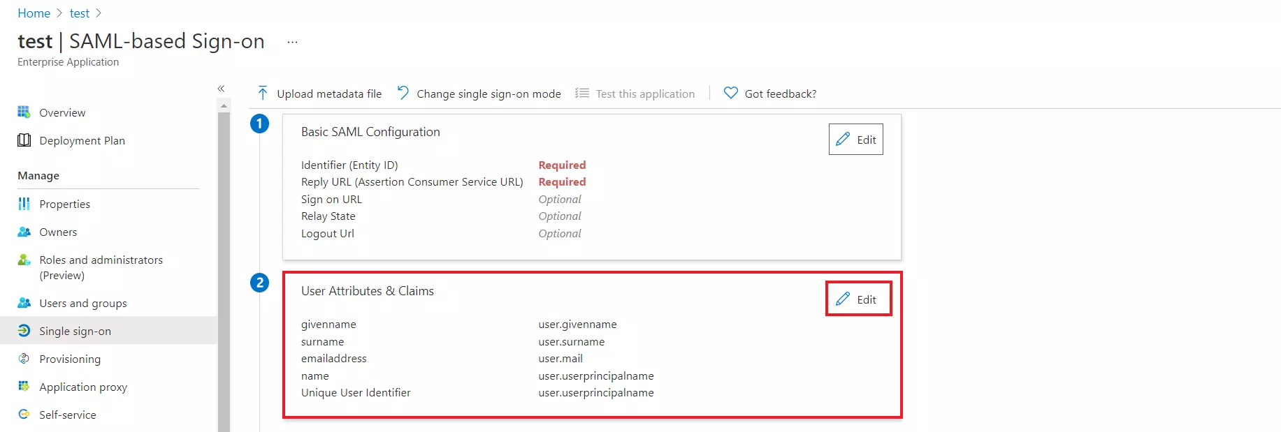 Azure AD as IDP : SAML attributes