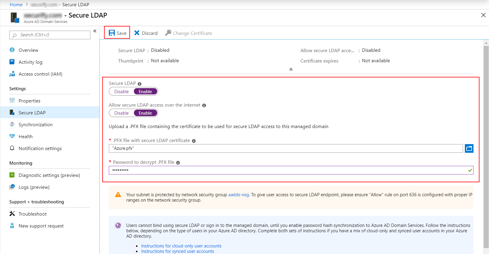 Azure AD Secure Ldap Configuration