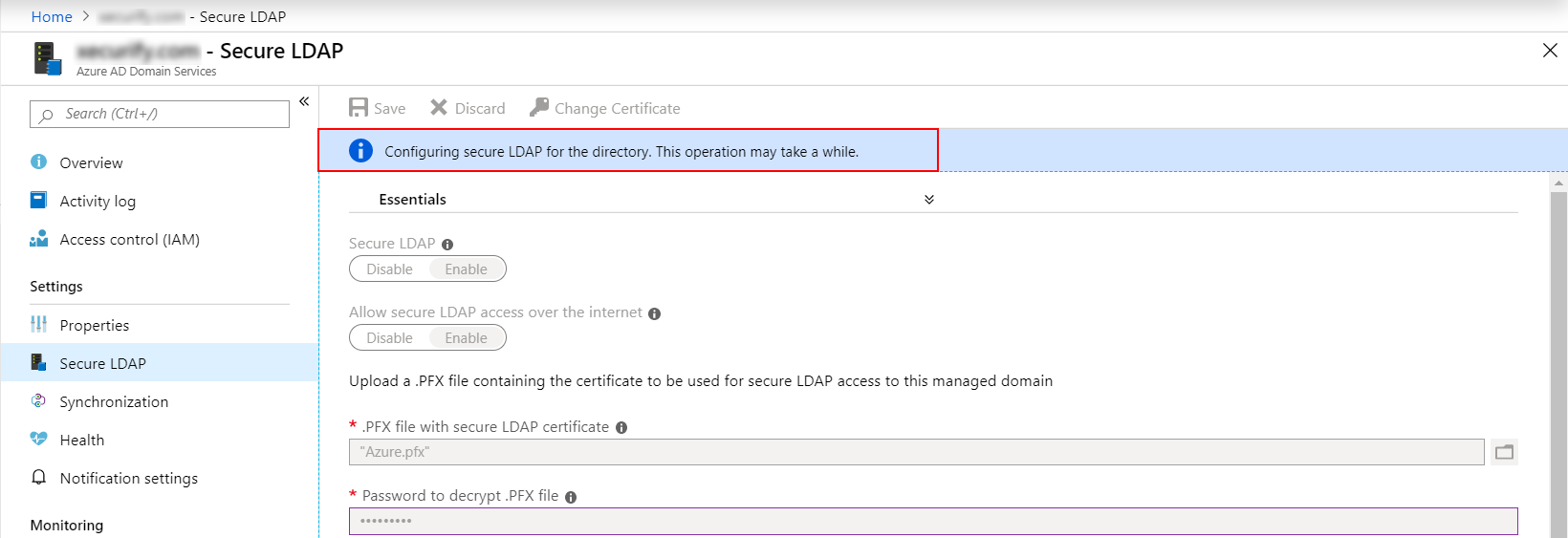 Azure AD Secure Ldap configured for the managed domain