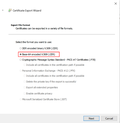 Windows Base64 Encoded certificate