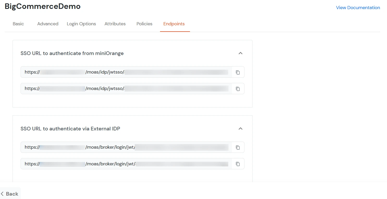 BigCommerce Single Sign-On (SSO): Endpoints tab showing SSO URLs per store