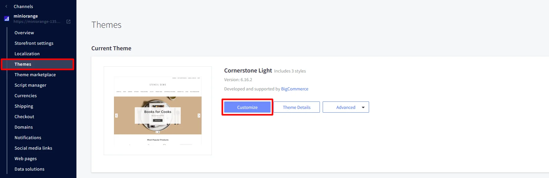 BigCommerce Single Sign-On (SSO): Go to Storefront > Themes > click Customize