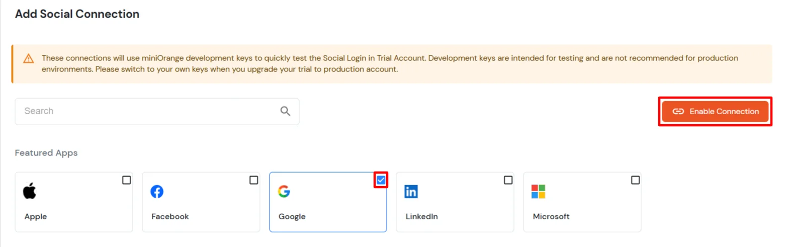 BigCommerce Social Login Single Sign-On: Check Google and click Enable Connection