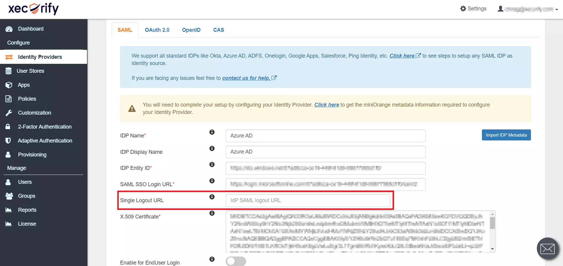 SAML SSO Login URL and x.509 Certificate