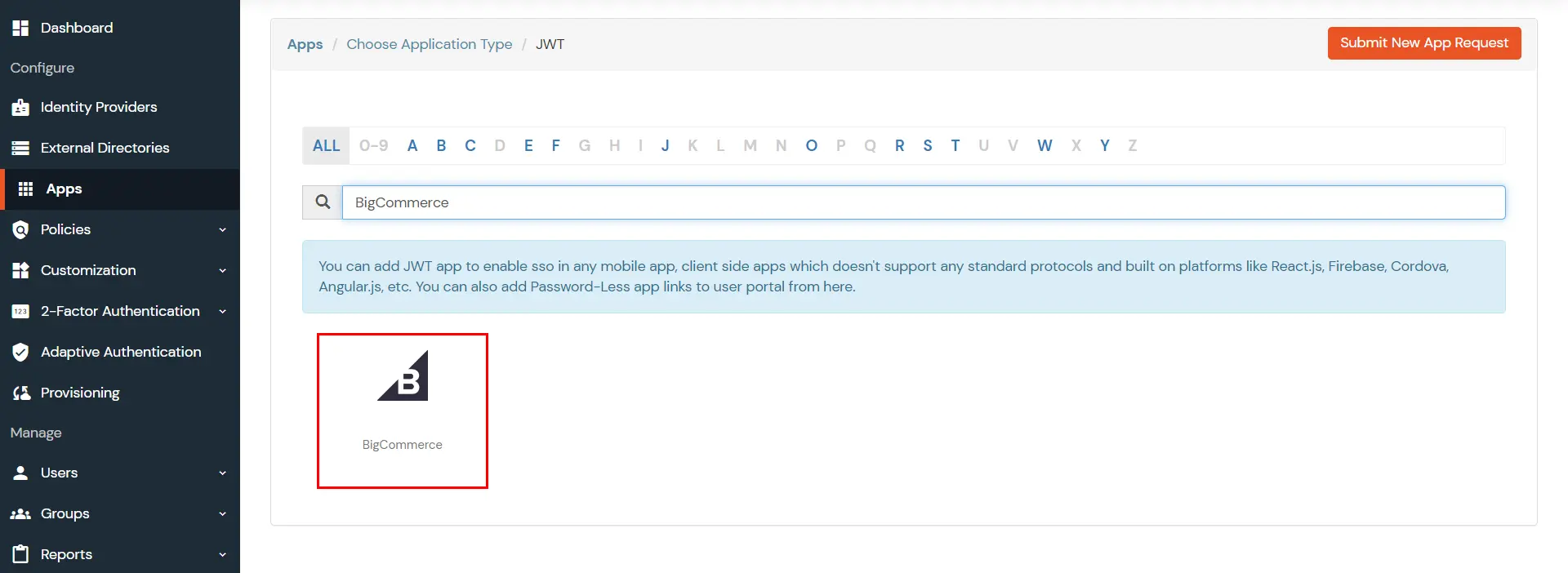 BigCommerce as an IDP: Select BigCommerce Application