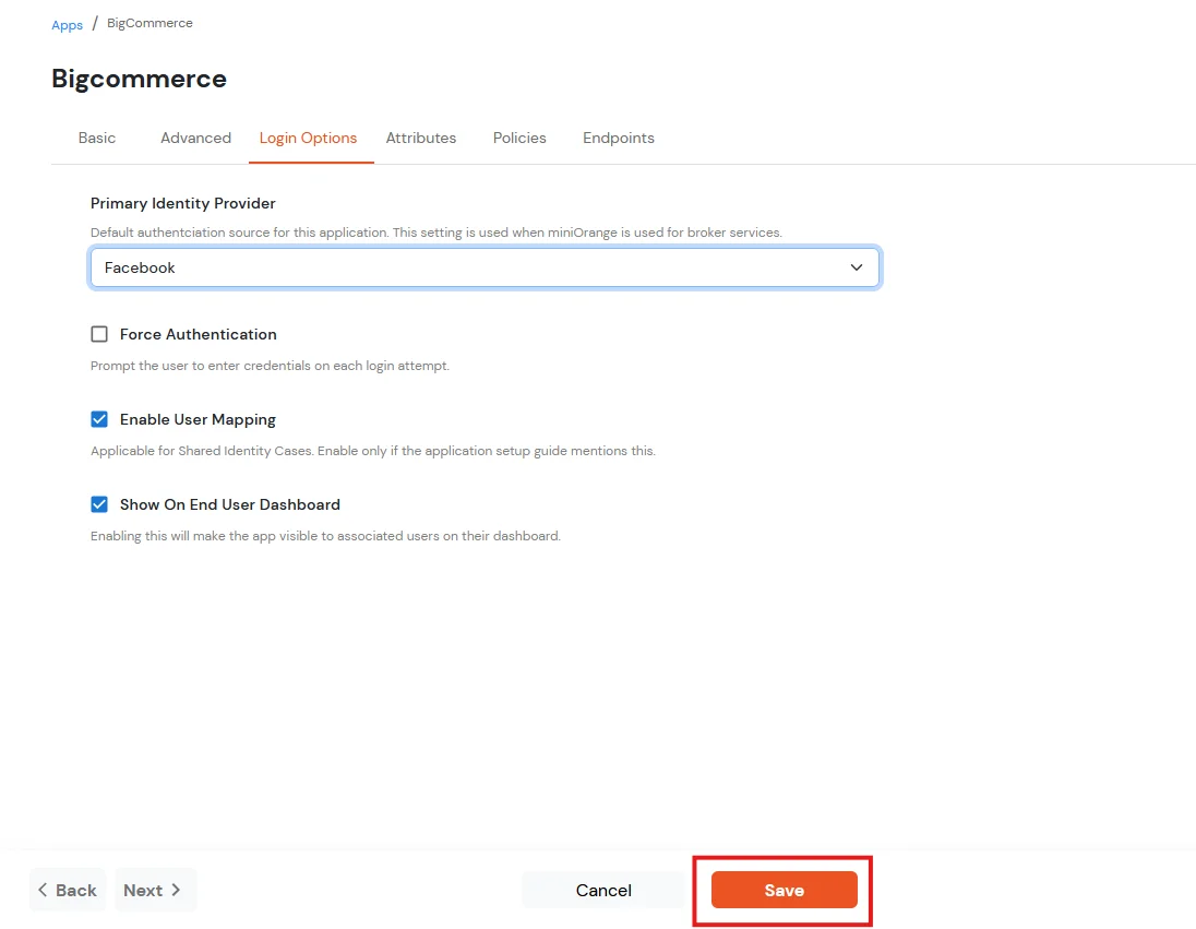 BigCommerce Social Login Single Sign-On: Select Facebook as Identity Provider