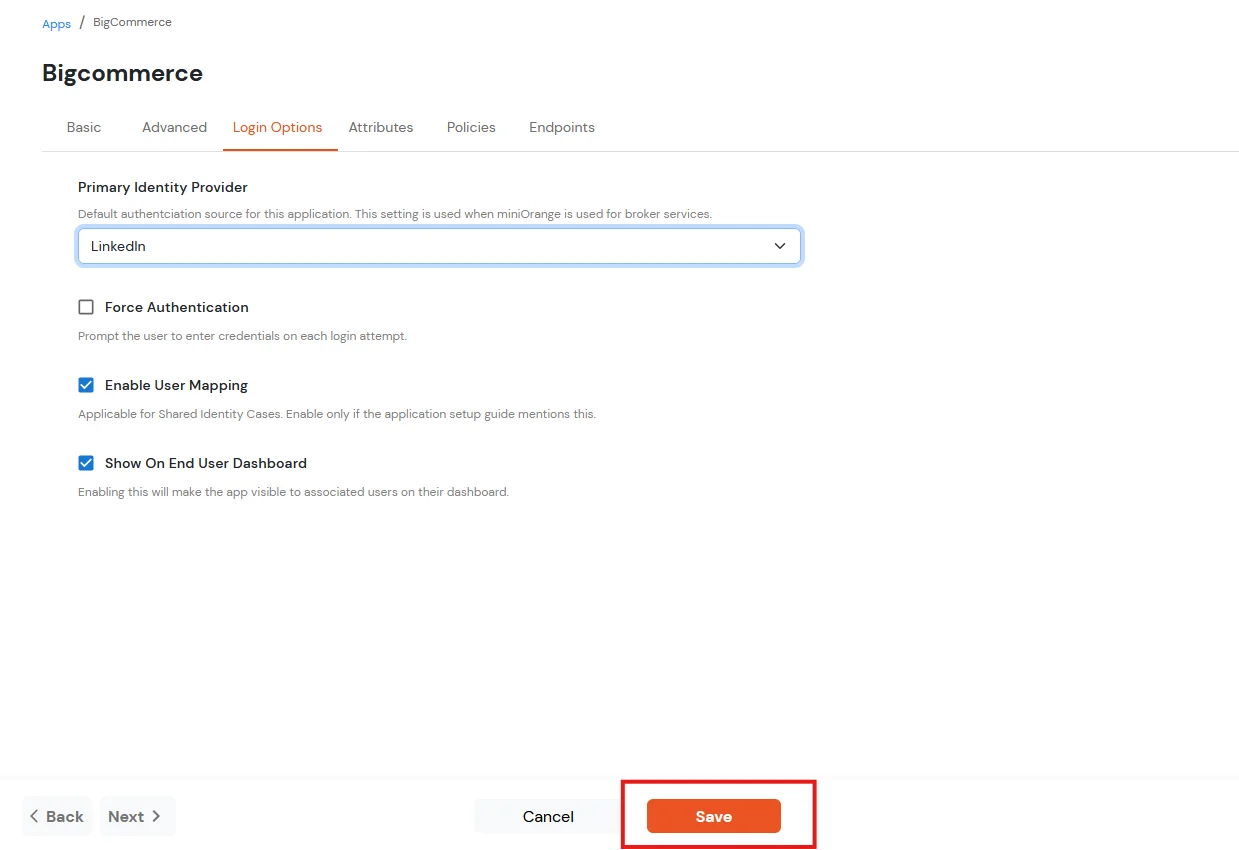 BigCommerce Social Login Single Sign-On: Select LinkedIn as Identity Provider