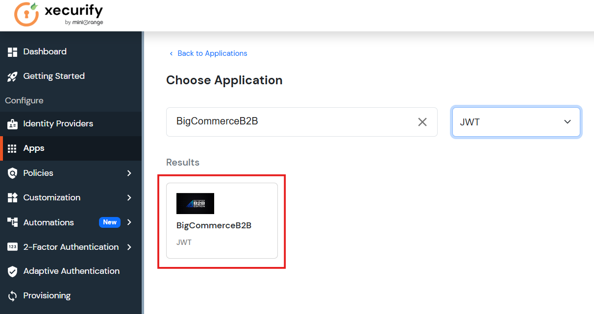 Bigcommerce SSO: Select JWT App from the All Apps dropdown