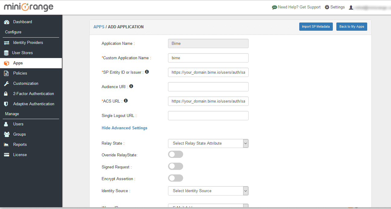 Bime Single Sign On (sso) configure steps