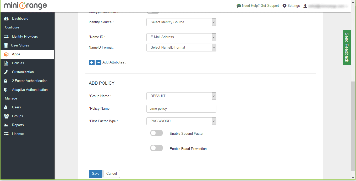 Bime Single Sign On (sso) add policy