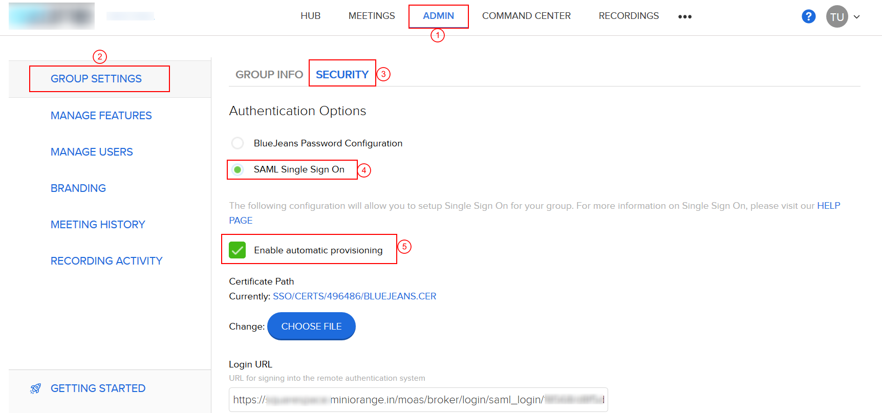 BlueJeans two factor authentication (2FA) configuration